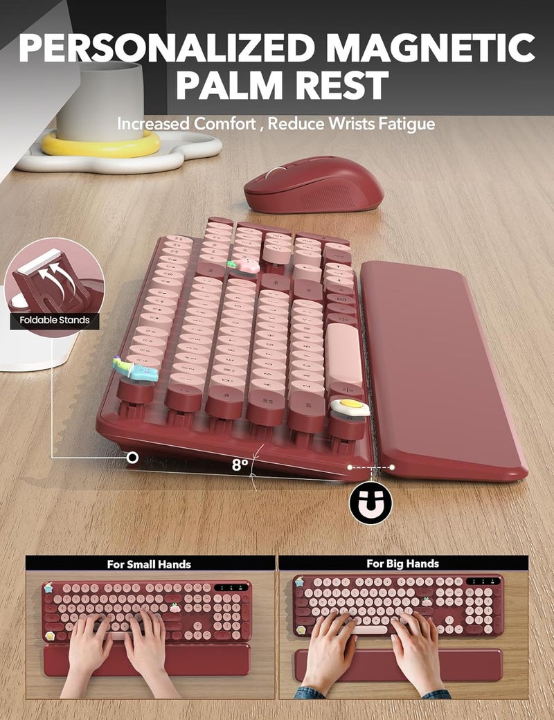 Trueque Wireless Keyboard and Mouse Combo - Cute Typewriter Keyboard with Detachable Wrist Rest, Retro Round Keycaps, Foldable Legs, 2.4GHz Full-Size Keyboard for PC, Laptop, Windows - (Wine Red) - Image 3